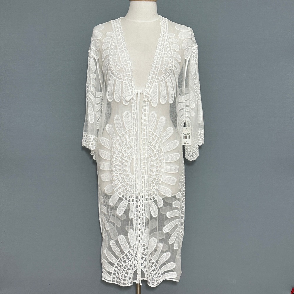 Calstyle Womens L White Lace Mesh Long Cardigan Duster Embroidered Bridal Hippie